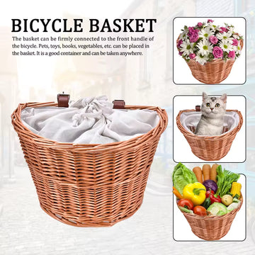 New Wicker Bicycle Basket – Woven Front Handlebar Carrier for Dogs & Cats, Compact Pet Container with Drawstring Closure, Ideal for Shopping and Travel