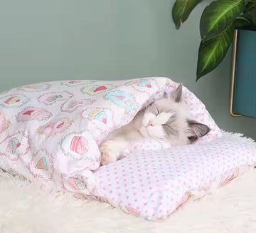 Cozy Japanese-Style Cat Bed – Winter Sleeping Cave with Removable Cushion and Pillow for Cats & Small Dogs