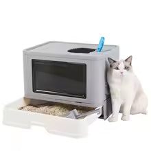 Foldable Cat Litter Box with Top Exit & Front Entry – Enclosed Kitty Toilet with Scoop & Massager