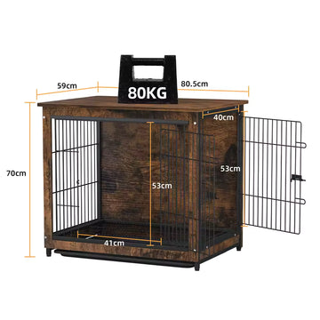Spacious Raised Dog Crate Wooden Kennel Cage Pet Home End Table with Dual Doors and Detachable Tray Rustic-Style Indoor Furniture