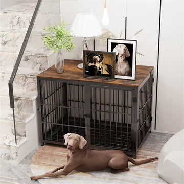 Spacious Wooden Dog Kennel Indoor Furniture-Style Raised Pet Cage with Lattice Design, Triple Doors, Detachable Tray, and Playpen Features