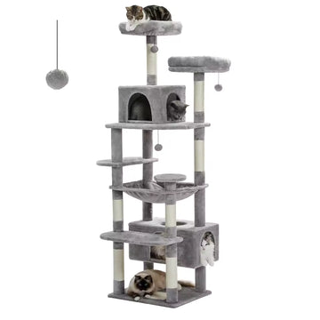 Deluxe Multi-Level Cat Tower for Indoor Cats with Sisal-Wrapped Scratch Poles, Roomy Hammock, Plush Perches, Cozy Condos & Play Accessories