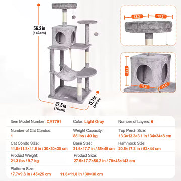 SucceBuy Indoor Cat Tree Tower β Multi-Level Condo with Hammock, Sisal Scratching Posts, and Perch β Dark Grey