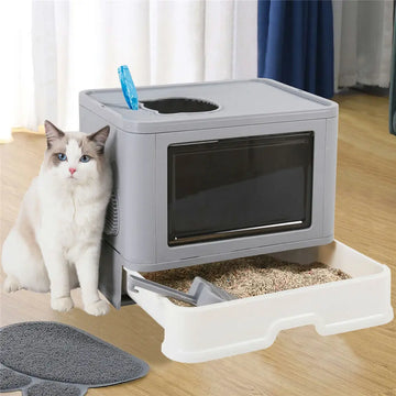Collapsible Enclosed Cat Litter Box – Front Entry & Top Exit Kitty Toilet with Massage Grate and Scoop
