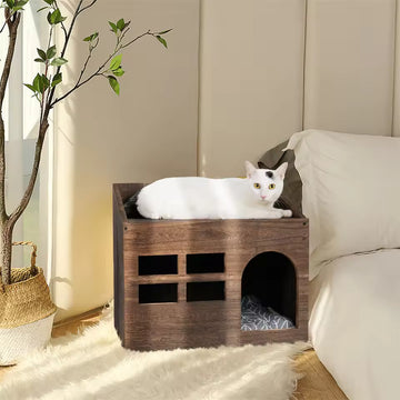 "2-in-1 Wooden Pet House & End Table – Indoor/Outdoor Shelter for Cats, Puppies, Rabbits with Soft Removable Cushion"
