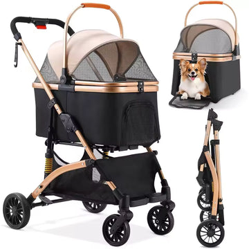 2-in-1 Pet Cart – Collapsible Dog & Cat Stroller with 360° Durable Rubber Wheels and Storage Basket