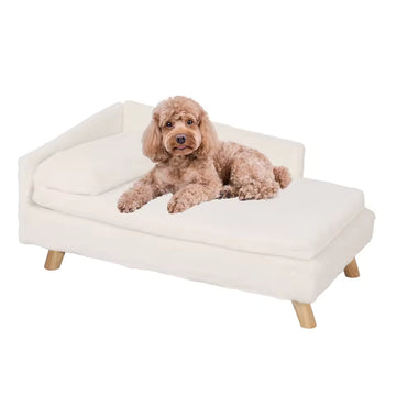 Raised Pet Lounge with Hardwood Legs, Dog and Cat Sofa for Indoor Use, L-Shaped Plush Couch with Cozy Cushion