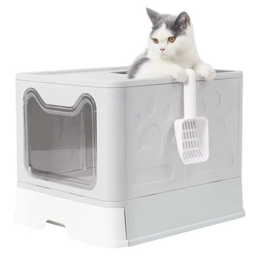 Front-Access & Top-Exit Foldable Cat Litter Box with Scoop and Pull-Out Drawer – Covered Extra-Large Kitty Toilet for Pets