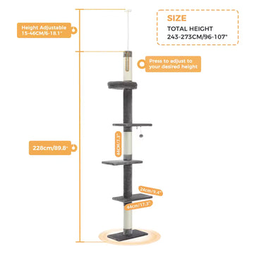 Adjustable Height Cat Tree for Indoors, Floor-to-Ceiling Cat Tower with Scratching Posts, Cat Scratching Furniture, Kitten Play Toys