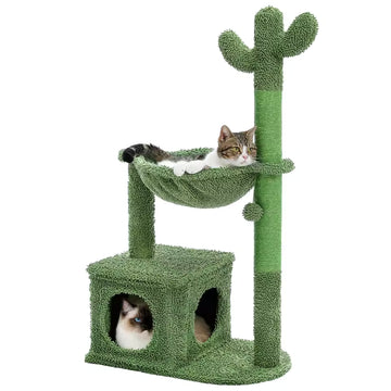 "Cactus-Themed Cat Tower with Spacious Condo, Hanging Hammock, Teasing Ball, Compact Tree for Indoor Cats, Sisal Scratching Post & Play Accessories"