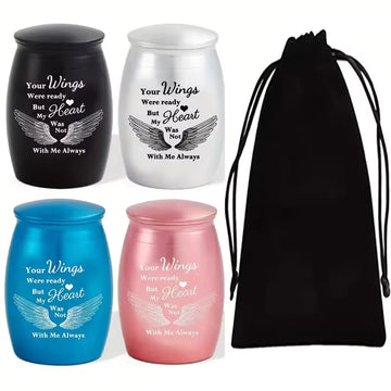 Set of 4 Mini Cremation Urns – 1.57 Inch Small Memorial Ashes Holders for Human or Pet Remains – “Your Wings Were Ready” Keepsake Urns