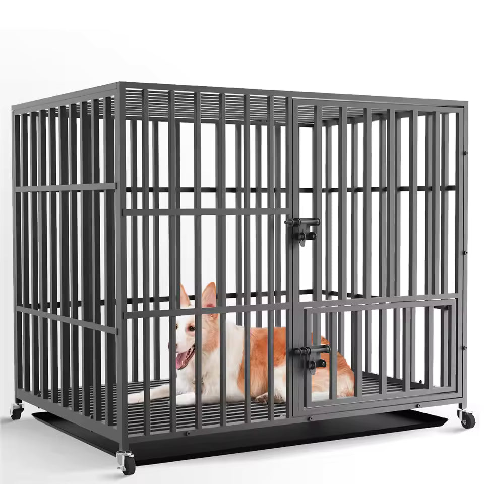 Bingopaw Heavy-Duty Metal Dog Crate – Large Sizes (37″, 42″, 46″) with Triple Doors, Secure Locks, Rolling Wheels & Easy-Clean Tray