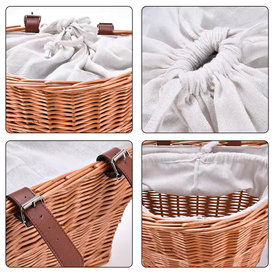 New Wicker Bicycle Basket – Woven Front Handlebar Carrier for Dogs & Cats, Compact Pet Container with Drawstring Closure, Ideal for Shopping and Travel
