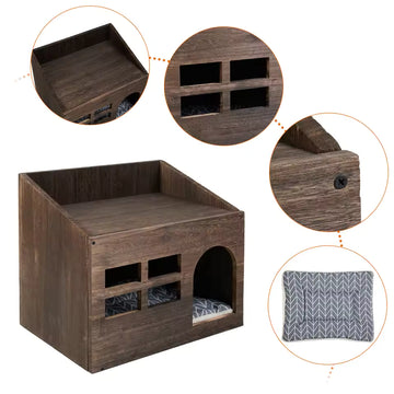 Wooden Cat Hideaway Bed – Enclosed Pet Lounge Furniture with Soft Cushion, Indoor Kitten Resting House and Litter Box Combo