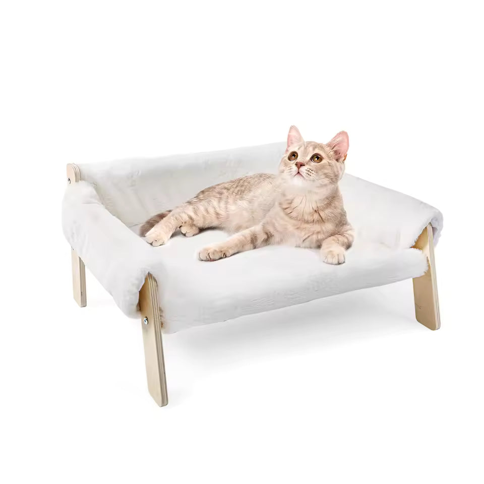 Spacious Feline Lounge with Solid Wood Legs – Elevated Fluffy Sofa Bed for Kittens and Indoor Cats – Cozy Pet Couch