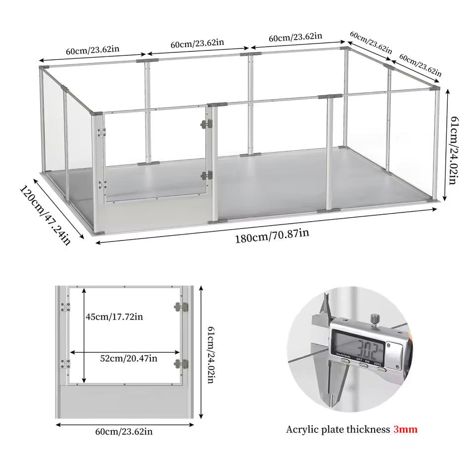 180cm Puppy Birthing Enclosure Transparent Acrylic Pet Play Yard with Water-Resistant Breeding Mat