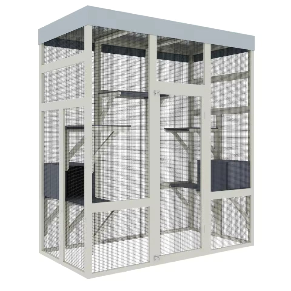 "62.6'' Gray Wooden Outdoor Catio with Weatherproof Roof – Spacious & Secure Pet Enclosure for Cats and Small Animals, Black Rust Finish"