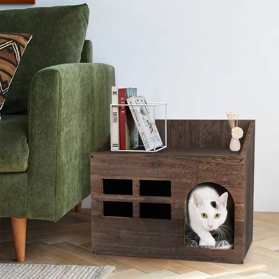 Wooden Cat Hideaway Bed – Enclosed Pet Lounge Furniture with Soft Cushion, Indoor Kitten Resting House and Litter Box Combo