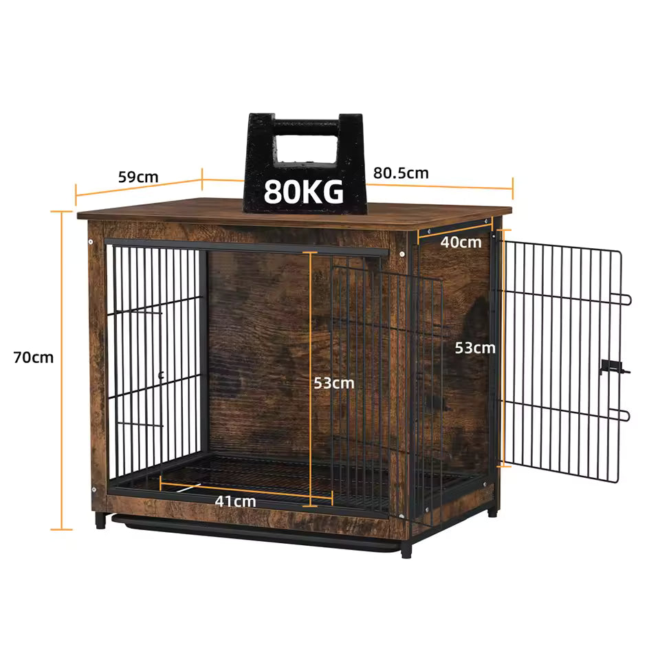 Spacious Raised Dog Crate Wooden Kennel Cage Pet Home End Table with Dual Doors and Detachable Tray Rustic-Style Indoor Furniture