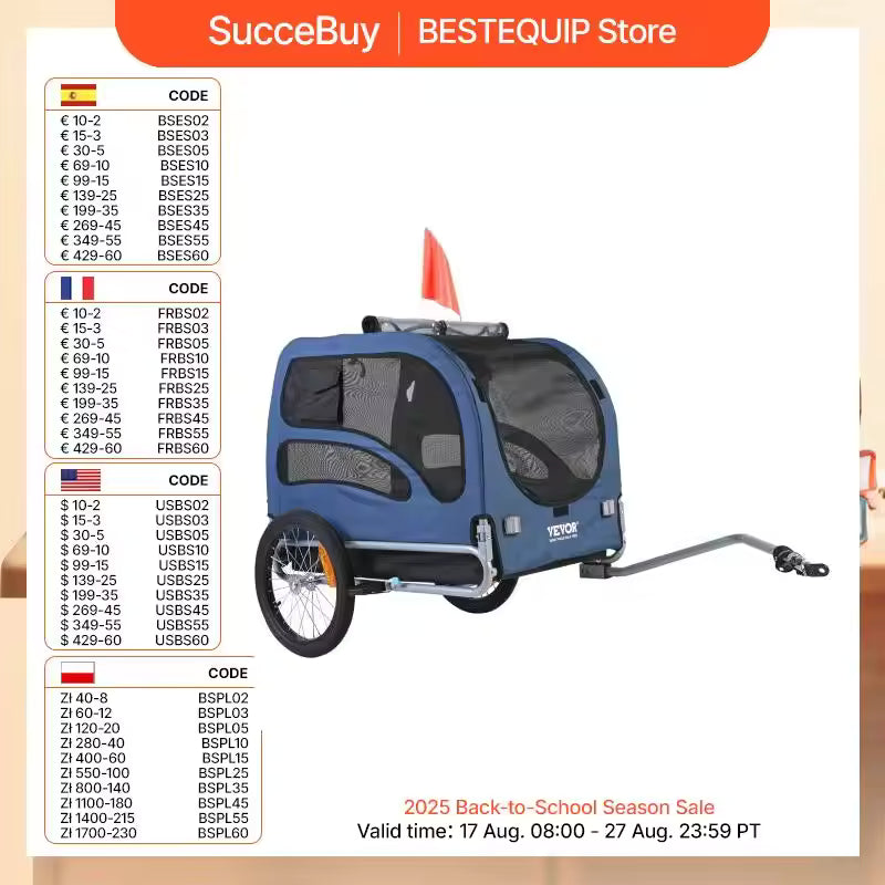 SucceBuy 100lbs Pet Wagon Bicycle Attachment Dog Bike Trailer with Hitch, Reflective Strips, Safety Flag, Foldable for Easy Storage – Ideal for Dog Travel