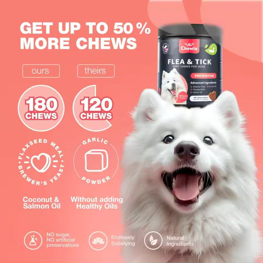 Natural Flea & Tick Prevention Chewables for Dogs – Soft Treats for Flea and Tick Control with Immune Support