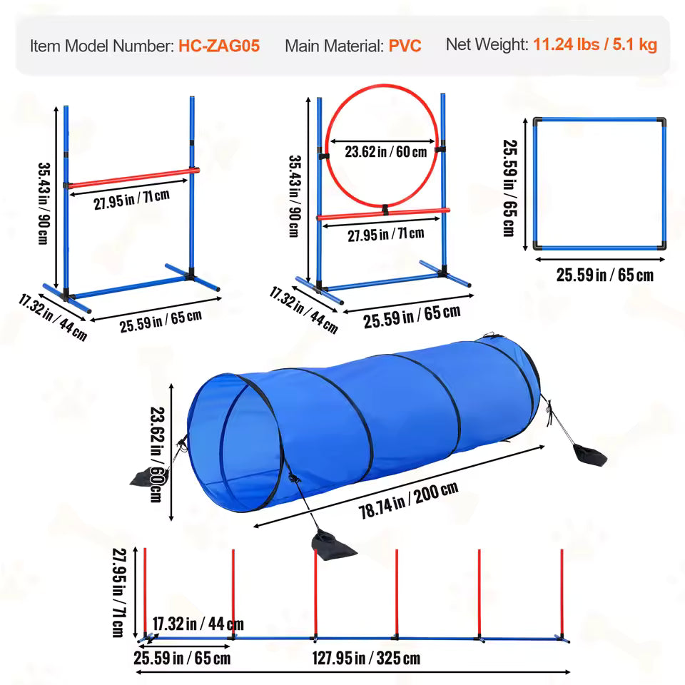 SucceBuy 5-Piece Dog Agility Training Set – Enhanced Kit with Height-Adjustable Jumps, Extended Tunnel, Puppy Exercise Obstacle Course & Carrying Bag