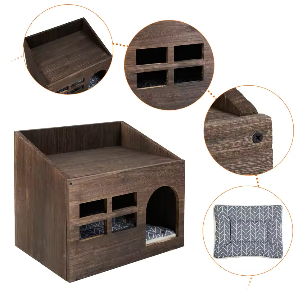 "2-in-1 Wooden Pet House & End Table – Indoor/Outdoor Shelter for Cats, Puppies, Rabbits with Soft Removable Cushion"