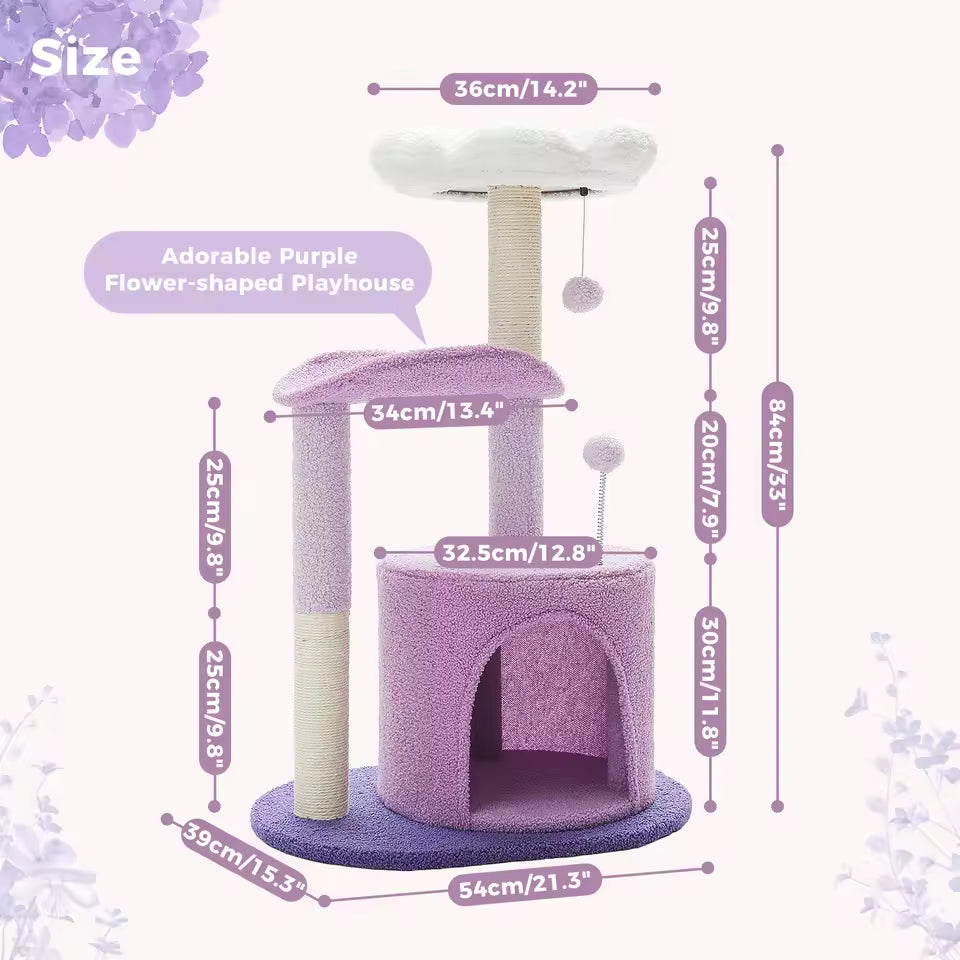Blossom-Themed Cat Tree for Indoor Use – Compact Climbing Tower with Sisal-Wrapped Scratch Post, Cozy Hideaway, Plush Lounging Platforms, Fuzzy Dangling Toys, and Interactive Accessories