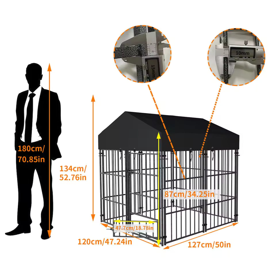 "Durable Extra-Large Dog Crate Sturdy Metal Pet Enclosure with Canopy Roof, Outdoor/Indoor Animal Run Fence Cage Play Yard Shelter"