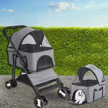 Foldable Pet Stroller – 4-Wheel Travel Carrier Cart for Dogs & Cats, Pushchair Jogger Pram with Rain Cover, Portable Pet Buggy