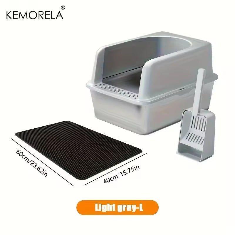 Steel Cat Litter Container with Litter Mat and Scooping Tool, Covered High-Walled Tray, Ideal for Big Cats, Enclosed Litter Box with Scoop