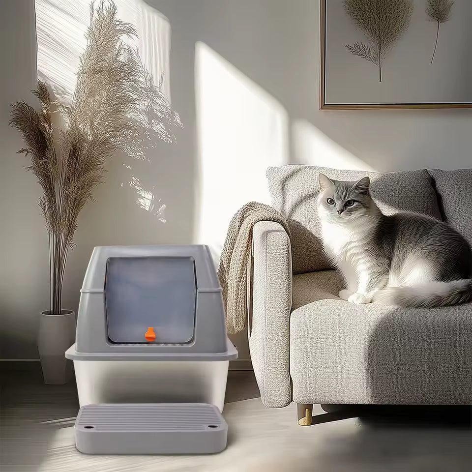 Extra Large Enclosed Stainless Steel Cat Litter Box with Lid – High Sided Metal Tray for Big Cats