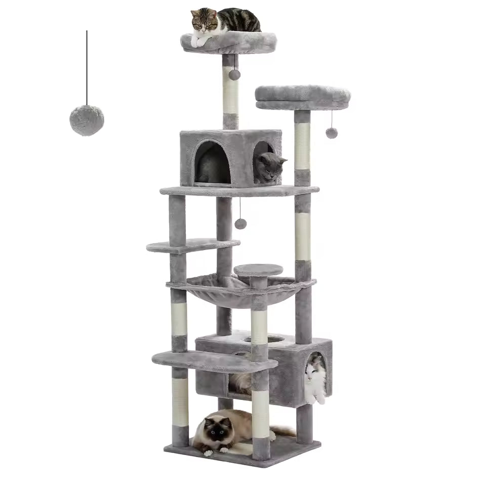 Deluxe Multi-Level Cat Tower for Indoor Cats with Sisal-Wrapped Scratch Poles, Roomy Hammock, Plush Perches, Cozy Condos & Play Accessories