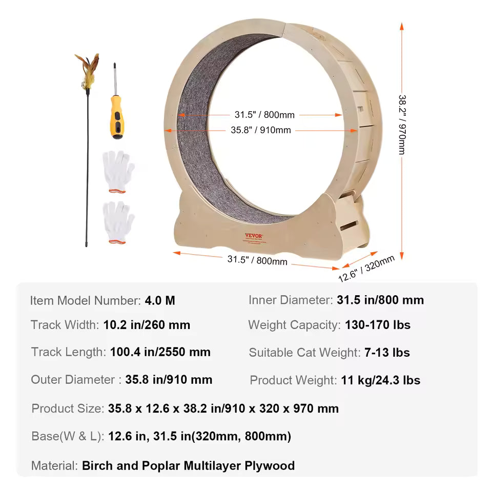 VEVOR Cat Activity Wheel – Natural Wood Quiet-Run Treadmill Roller with Removable Carpet, Ideal for Most Cats’ Fitness and Exercise