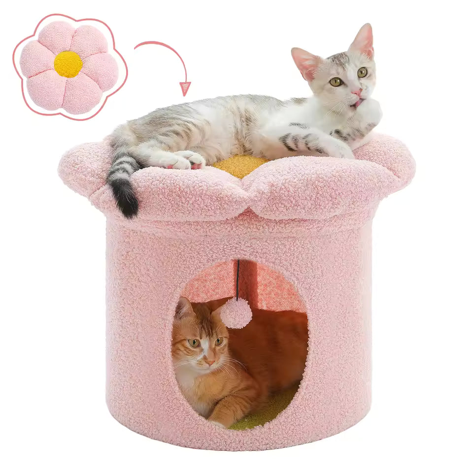 Indoor Cat Beds – Spacious Cat House with Detachable Floral Cushion, Adorable Cat Cave & Cozy Hideout, Soft Indoor Pet Condo