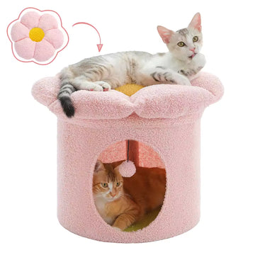 Indoor Cat Beds – Spacious Cat House with Detachable Floral Cushion, Adorable Cat Cave & Cozy Hideout, Soft Indoor Pet Condo