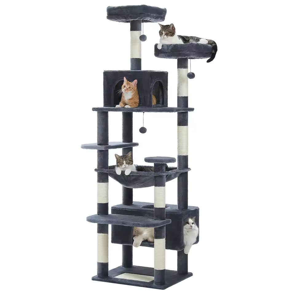 Deluxe Multi-Level Cat Tower for Indoor Cats with Sisal-Wrapped Scratch Poles, Roomy Hammock, Plush Perches, Cozy Condos & Play Accessories