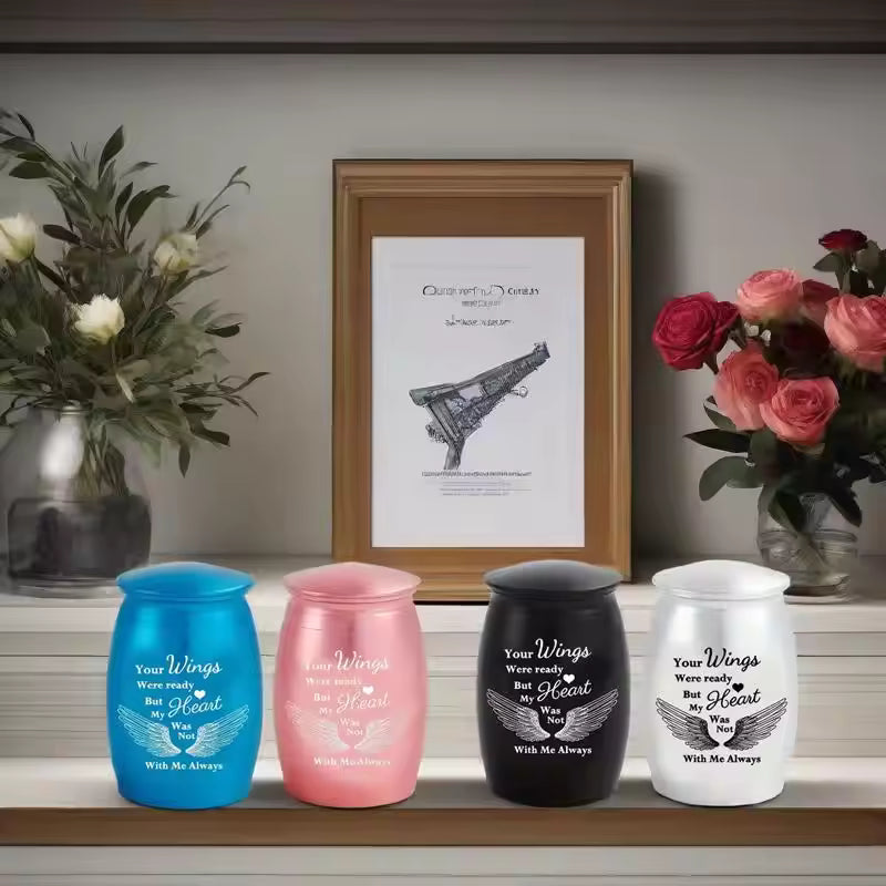 Set of 4 Mini Cremation Urns – 1.57 Inch Small Memorial Ashes Holders for Human or Pet Remains – “Your Wings Were Ready” Keepsake Urns