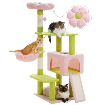 Floral-Themed Cat Tower – Multi-Level Indoor Feline Condo with Sisal-Covered Scratch Posts, Adorable Flower Design, and Elevated Platform for Small to Medium Cats