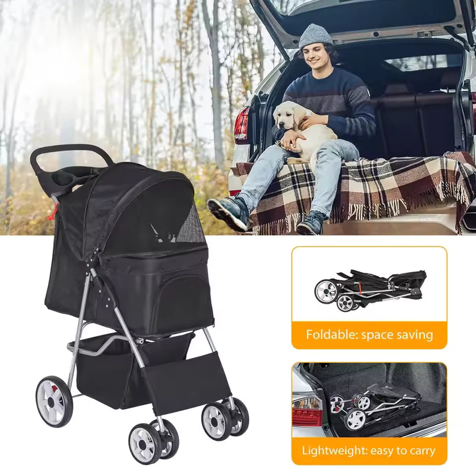 Pet Stroller – Safe 4-Wheel Dog Travel Cart with Collapsible Carrier