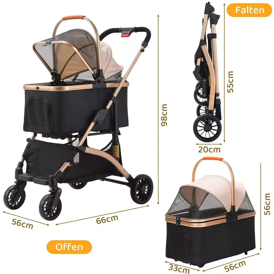 2-in-1 Pet Cart – Collapsible Dog & Cat Stroller with 360° Durable Rubber Wheels and Storage Basket