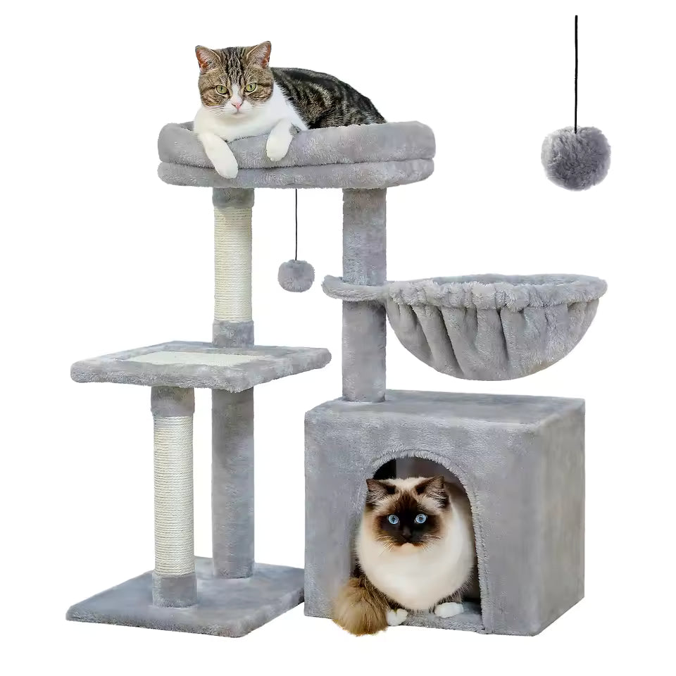 Indoor Cat Tree & Tower – 2 Styles Activity Center with Sisal Scratching Posts, Spacious Hammock, and Detachable Top Perch – Grey