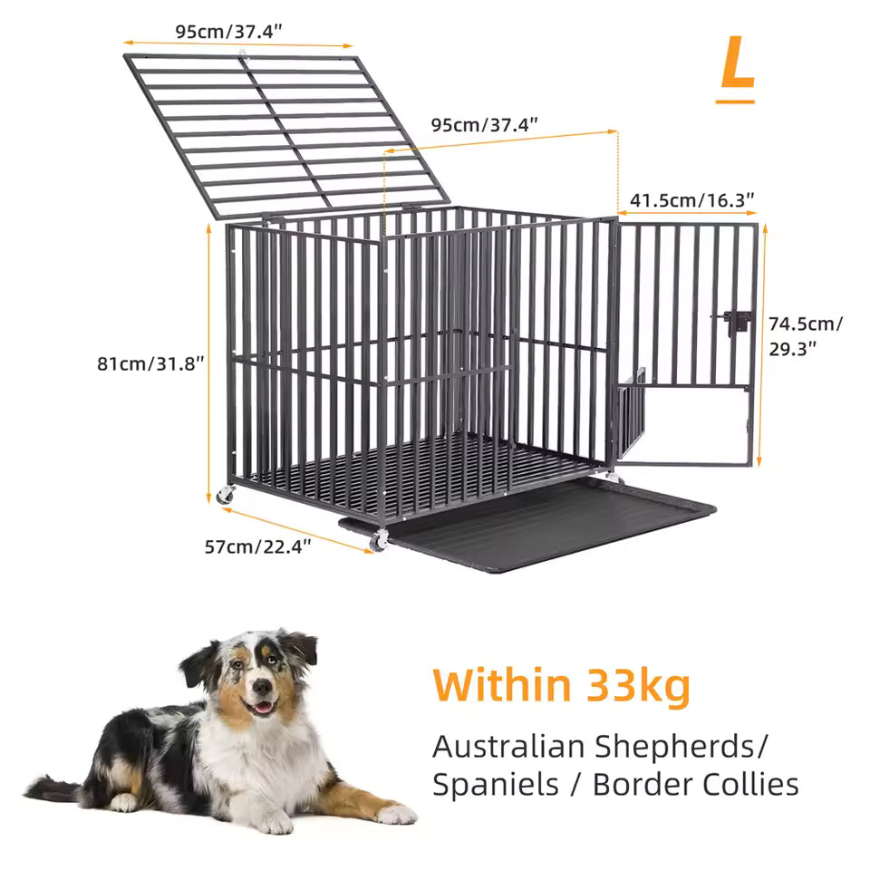 2xL Large Heavy Duty Dog Crate Strong Pet Cage Tear Resistant Square Tube Metal Kennel Playpen with Lockable Wheels and Tray