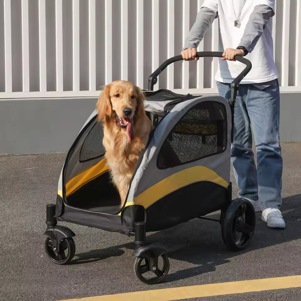 Foldable 4-Wheel Dog Stroller for Large Breeds – Portable Pet Carrier for Dogs and Cats, Breathable Travel Wagon for Outdoor Adventures
