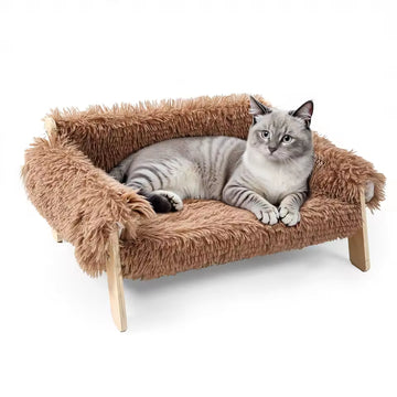 Spacious Feline Lounge with Solid Wood Legs – Elevated Fluffy Sofa Bed for Kittens and Indoor Cats – Cozy Pet Couch