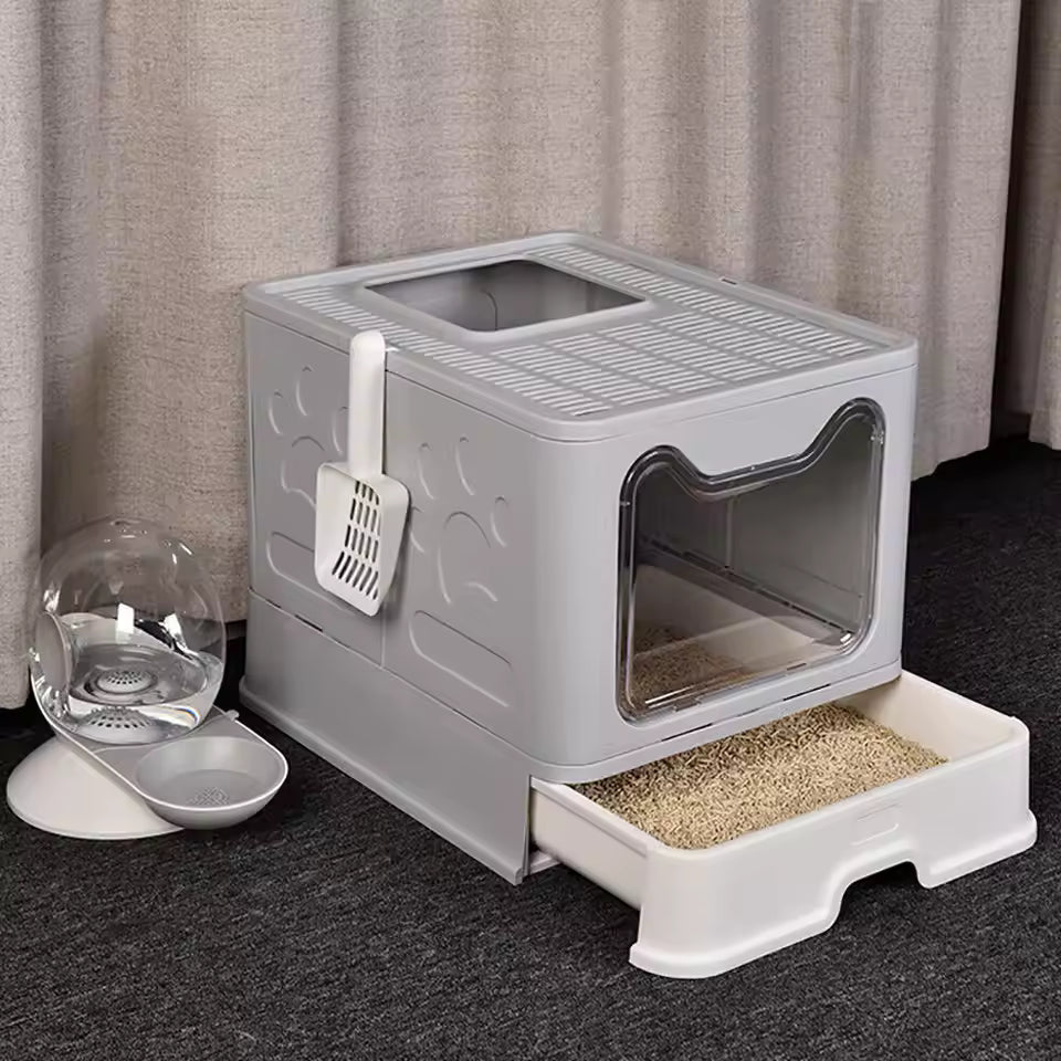 Bingopaw XXL Extra Spacious Collapsible Cat Litter Container with Front Access & Top Exit and Tray