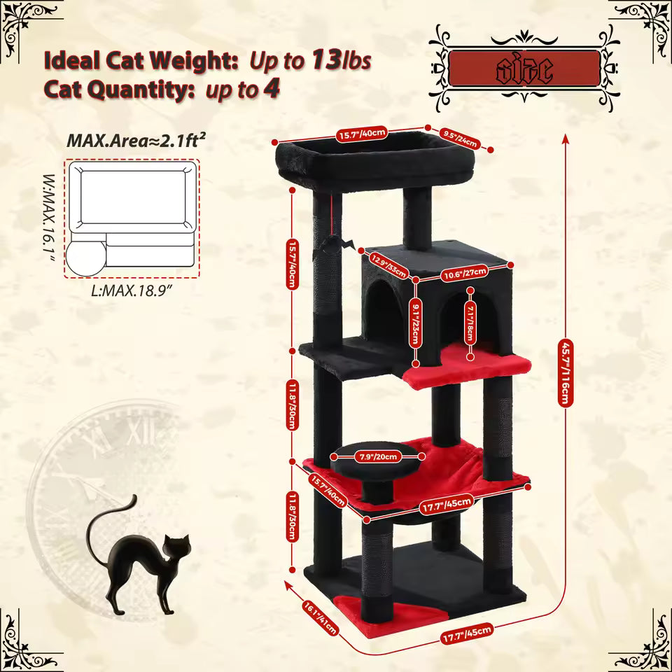 Dark-Themed Cat Tree for House Cats, Elevated Feline Tower with Oversized Hammock, Sisal-Wrapped Scratch Pole, Comfy Hideout, and Elevated Platform