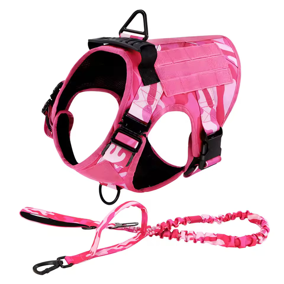 Adjustable Military-Style Pink Camo Dog Harness with Leash – Tactical Training Vest for Medium to Large Dogs, Ideal for German Shepherds & Active Breeds