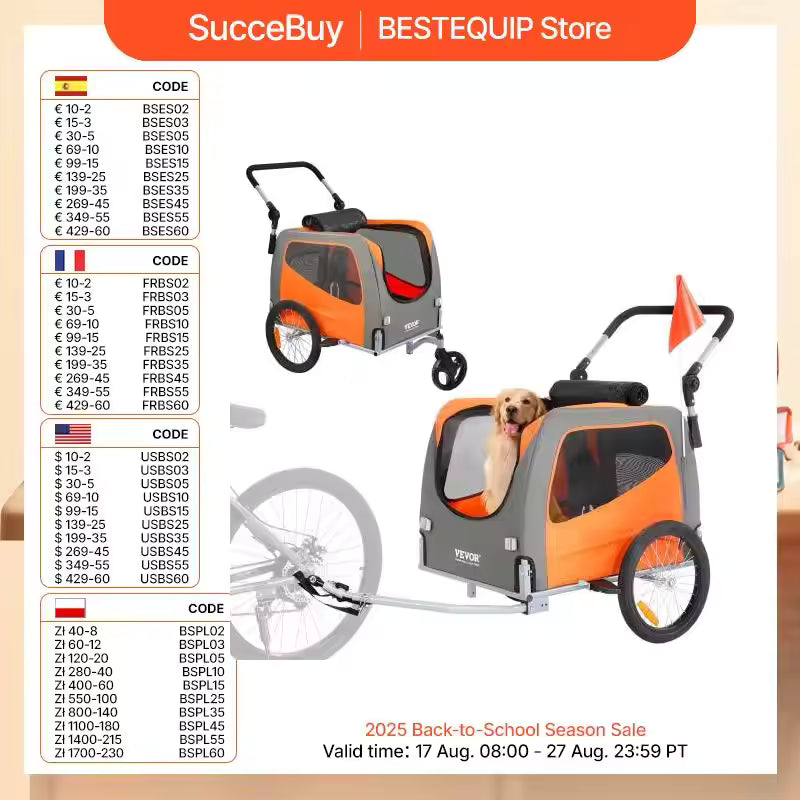 SucceBuy 2-in-1 Pet Stroller & Dog Bike Trailer – Foldable Carrier Cart with Durable Frame, Universal Hitch, and Wheels – Supports Up to 66 lbs for Dogs & Cats