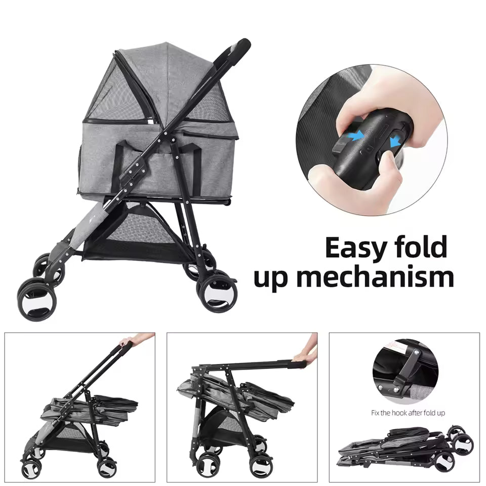 Foldable Pet Stroller – 4-Wheel Travel Carrier Cart for Dogs & Cats, Pushchair Jogger Pram with Rain Cover, Portable Pet Buggy